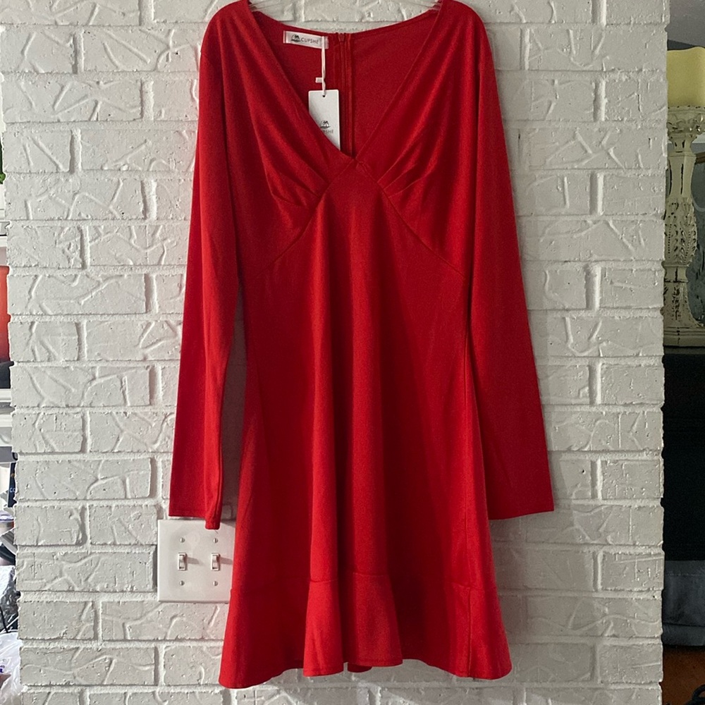 NWT Cupshe Long Sleeve Red Dress Ruffle and Ruching Tomato Girl